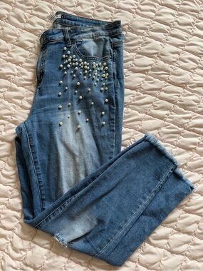 Revamped Blue Skinny Jeans with Pearl Accents Junior